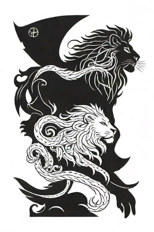 Create a minimalist tattoo design combining a lion, the Capricorn symbol, and a fish. Focus on clean, elegant l tattoo design idea