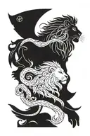 Create a minimalist tattoo design combining a lion, the Capricorn symbol, and a fish. Focus on clean, elegant l tattoo design idea