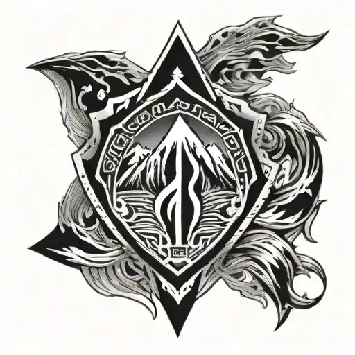 a flaming shield that depicts mountains inside tattoo design idea