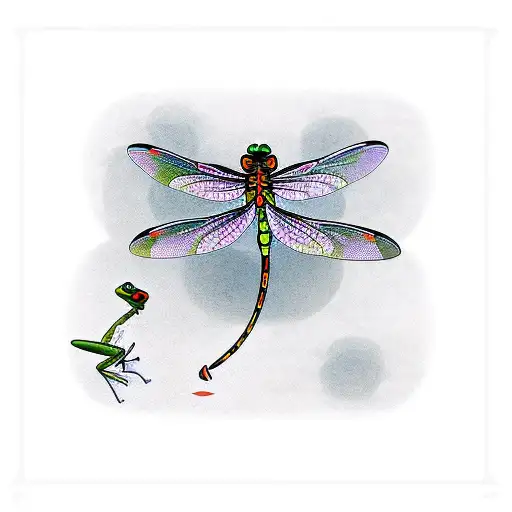 dragonfly flying away from a frog with a lotus flower in the backgorund tattoo design idea
