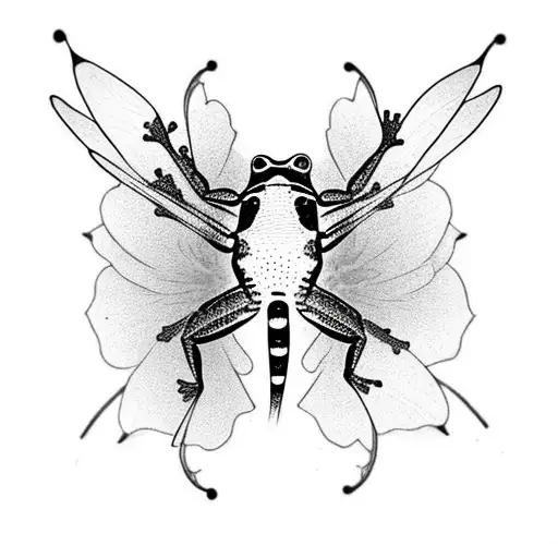 a frog with  a dragonfly flying the opposite direction, and a lotus flower in background (for man half sleeve) tattoo design idea