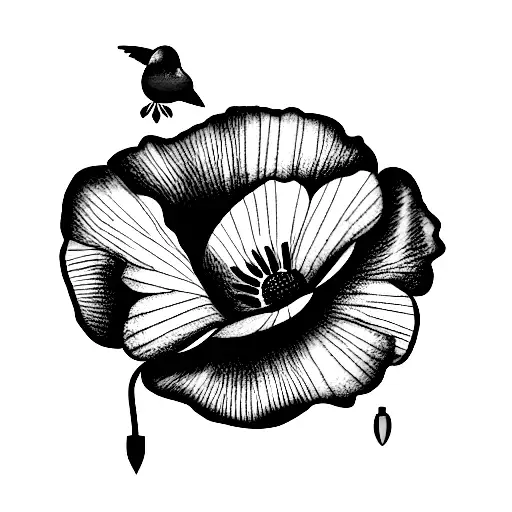 poppy with the word "memories" and a bird tattoo design idea