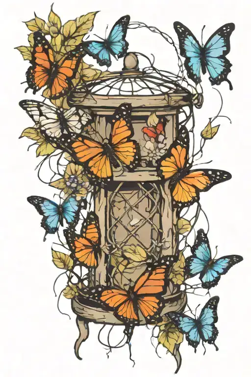 barbed wire to cage with torn butterflies fluttering tattoo design idea
