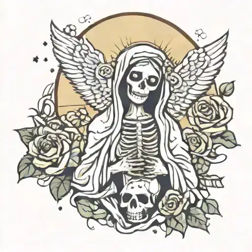 mother Mary as a skeleton but kind of cartoonish and cute tattoo design idea