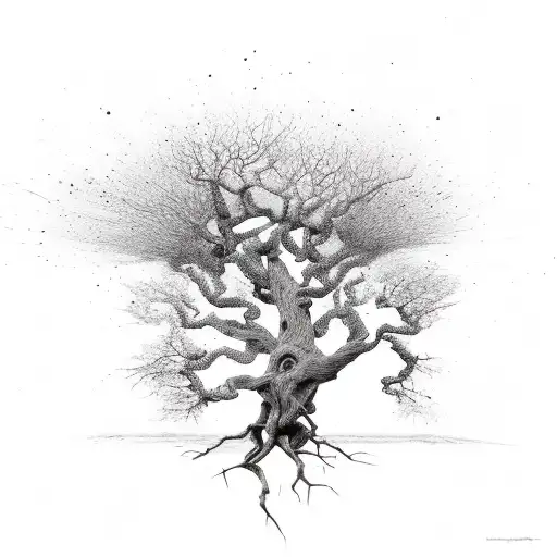 A powerful tree with roots breaking through concrete, representing resilience and growth tattoo design idea