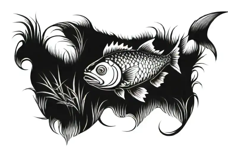 Fish swimming upward out of grass tattoo design idea