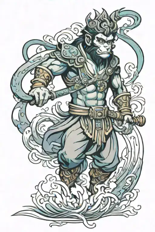 monkey king with aquarius japanese sea with sun tattoo design idea