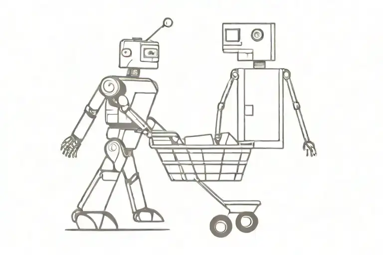 a robot pushing a shopping cart with a smaller robot inside tattoo design idea