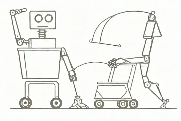 a robot pushing a shopping cart with a smaller robot inside tattoo design idea