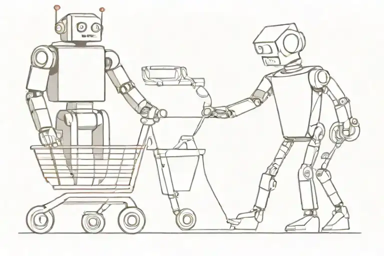 a robot pushing a shopping cart with a smaller robot inside tattoo design idea