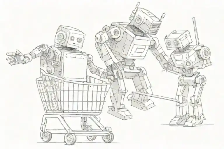 robot pushing a shopping cart with a smaller robot inside tattoo design idea