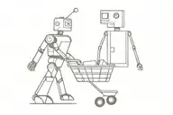 a robot pushing a shopping cart with a smaller robot inside tattoo design idea