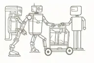 a robot pushing a shopping cart with a smaller robot inside tattoo design idea