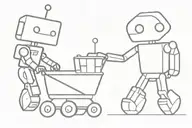a robot pushing a shopping cart with a smaller robot inside tattoo design idea
