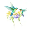 humming birds drinking nectar from roses and irises tattoo design idea