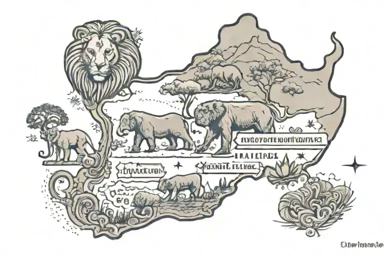South Africa map with names Mila and Dela incorporated along with a lion and elephant. tattoo design idea