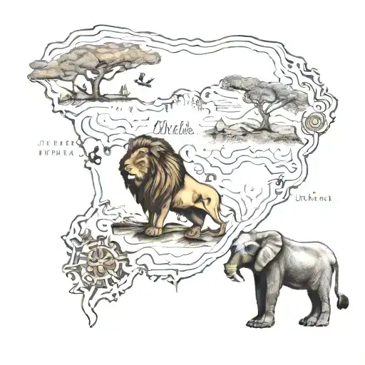 South Africa map outline with names "Mila" and "Dela" incorporated with a lion and elephant head. tattoo design idea