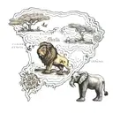 South Africa map outline with names "Mila" and "Dela" incorporated with a lion and elephant head. tattoo design idea