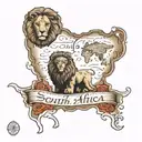 South Africa map outline with names "Mila" and "Dela" incorporated with a lion and elephant head. tattoo design idea
