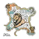 South Africa map outline with names "Mila" and "Dela" incorporated with a lion and elephant head. tattoo design idea