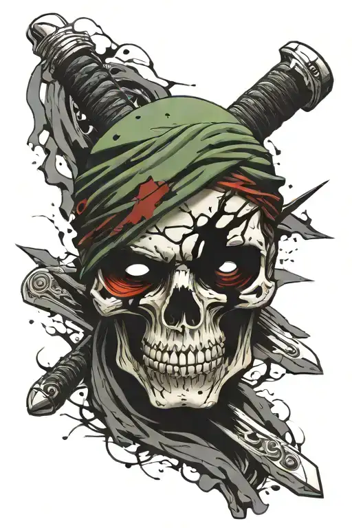 skull with slash scar over the left eye. right eye is a sharingan, left is a rinnegan. all three zoro swords  tattoo design idea