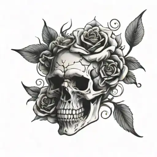 skull roses and fire inside tattoo design idea