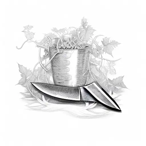 knife with vines and pot leafs tattoo design idea