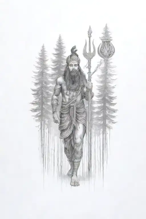 Forest with electric waves shiv ji Indian diety carrying his mace tattoo design idea