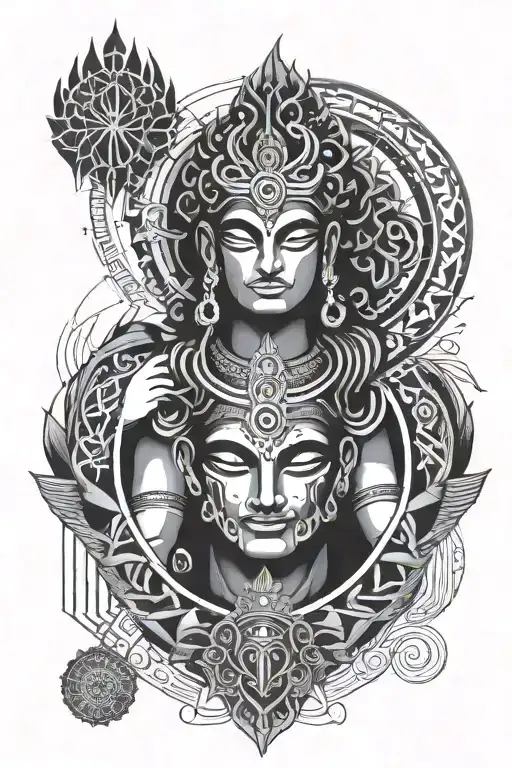 Concept: A black ink tattoo featuring the silhouettes of Lord Ram, Lord Shiva, and Lord Krishna, set against a backdrop  tattoo design idea