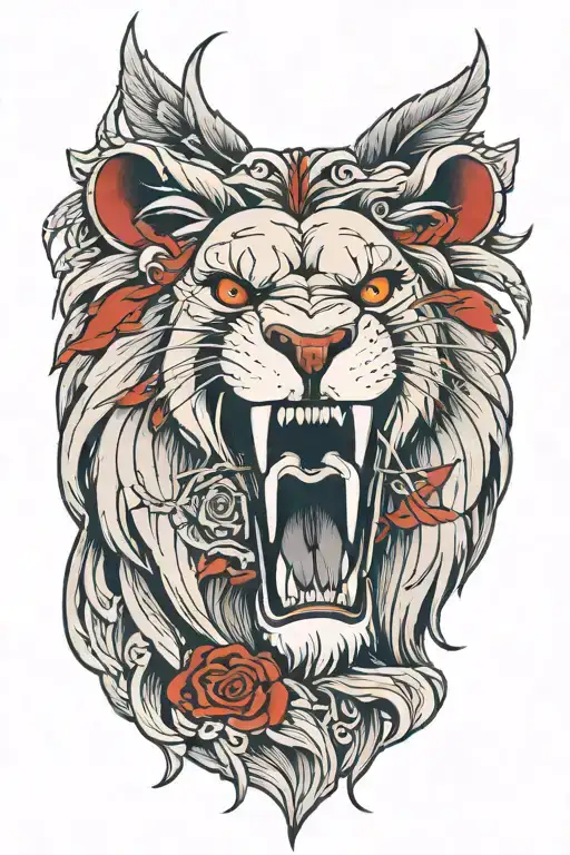 realalistic lion head mouth open red eyes with a raven sitting tattoo design idea
