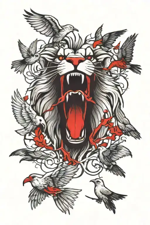 realalistic lion head mouth open red eyes surrounded by birds  tattoo design idea