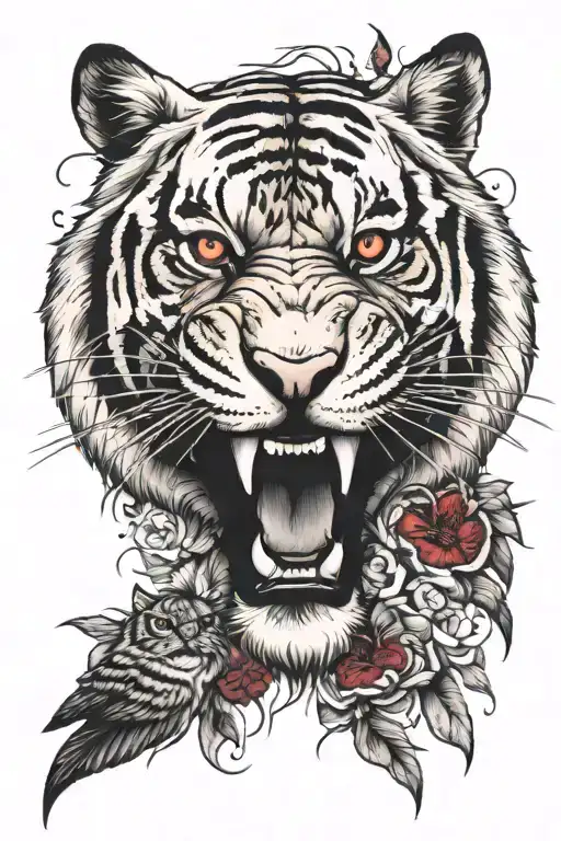 realalistic tiger  head mouth open red eyes surrounded by birds  tattoo design idea