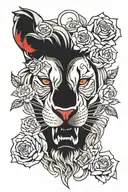 realalistic lion head mouth open red eyes surrounded by roses   tattoo design idea