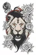 realalistic lion head mouth open red eyes surrounded by roses   tattoo design idea
