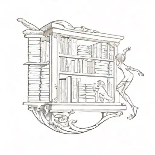 A bookshelf tattoo with dancing silhouettes intertwined between the books tattoo design idea