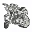 A motorcycle engine with dancing flames in a blackwork style tattoo design idea