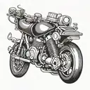 A motorcycle engine with dancing flames in a blackwork style tattoo design idea