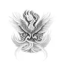 An intricate design of a phoenix rising from flames, representing the client's resilience and bravery in both their military and hospitality careers. tattoo design idea