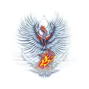 An intricate design of a phoenix rising from flames, representing the client's resilience and bravery in both their military and hospitality careers. tattoo design idea