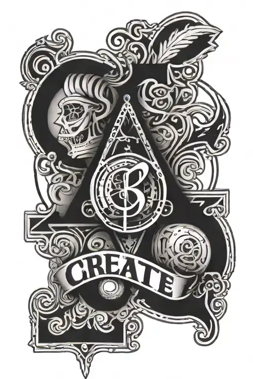 AI tattoo featuring the word CREATE centrally with features representing woodworking, art, music and science tattoo design idea
