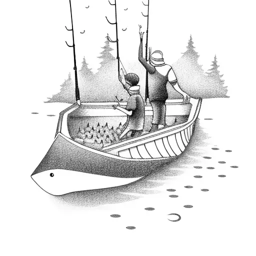 A father and son fishing on a boat surrounded by a school of colorful fish tattoo design idea