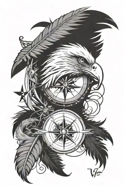 Tattoo design with the letter V, an eagle feather, over a compass face background. All in black and grey. tattoo design idea