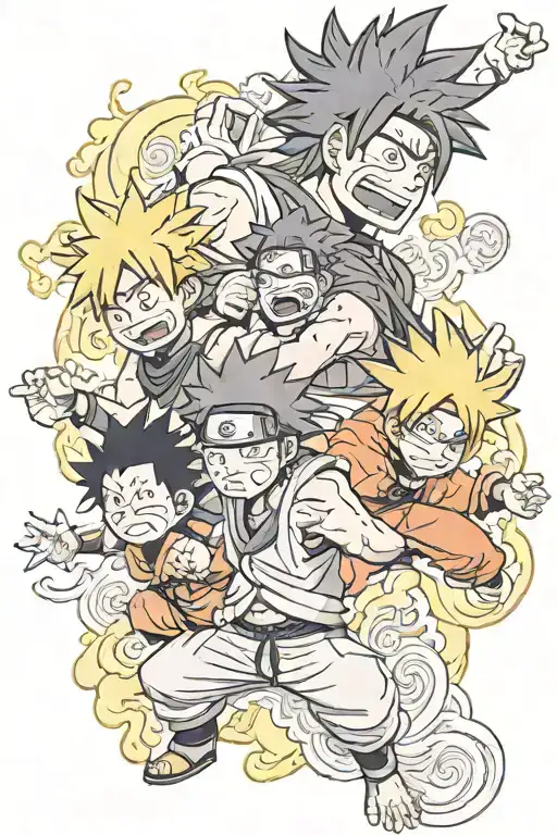 Naruto and Goku and Luffy gear 5 tattoo design idea