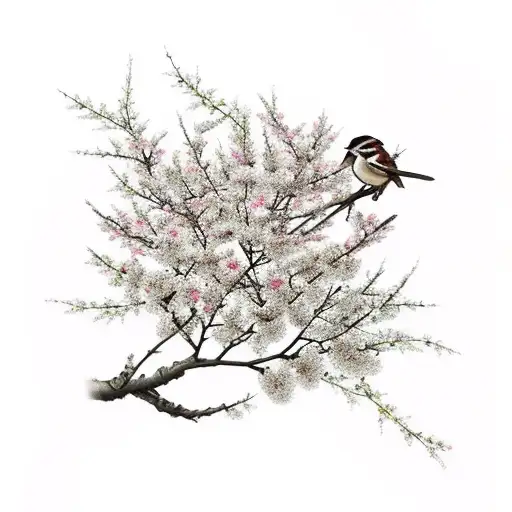 sparrow holding cherry blossom sparrow is black branches are black cherry blossoms are bright pink tattoo design idea