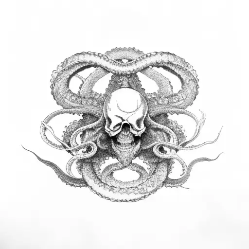 kraken, skull black white  tattoo design idea