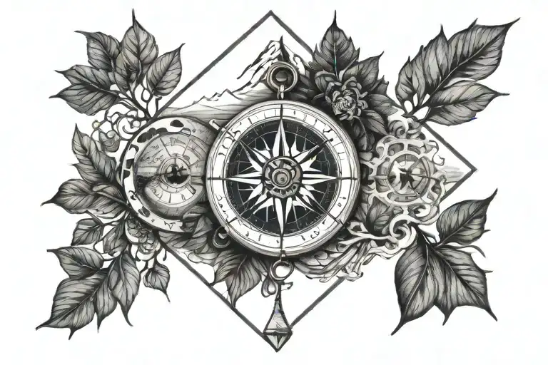 blue ridge mountains, compass intertwined tattoo design idea