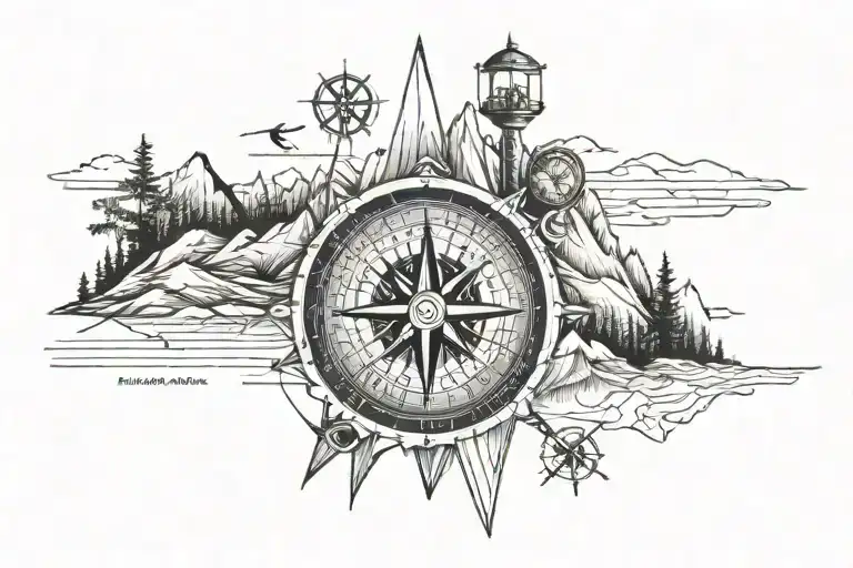 blue ridge mountains, compass, coordinates wrapped tattoo design idea