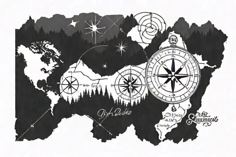 blue ridge mountains, compass, coordinates written underneath tattoo design idea