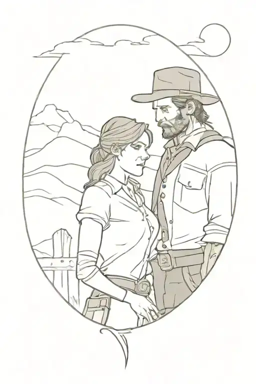 A romantic scene from Red Dead Redemption with your boyfriend as the main character tattoo design idea