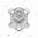 An astronaut floating in outerspace while wearing a demon oni mask over their helmet  tattoo design idea